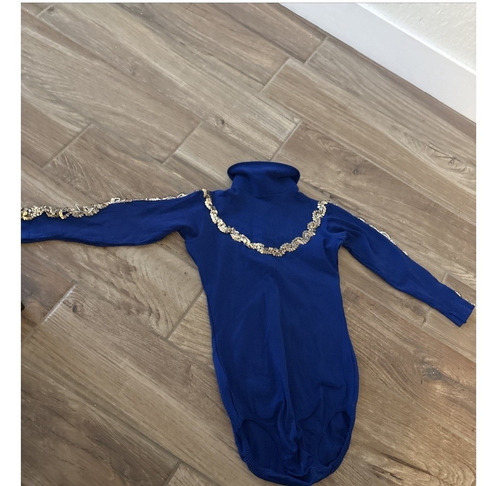 Vintage Danskin Solid Blue Leotard W/ Gold Sequin Trim‎ Zipper Closure kids 8-10